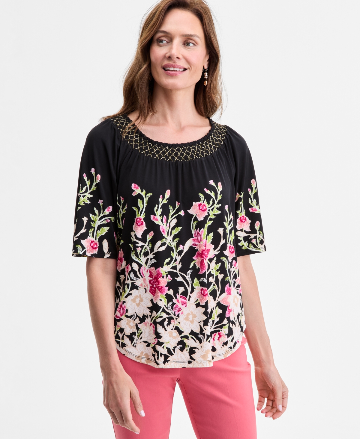 Women's Printed Scoop-Neck Top, Exclusively at Macy's - Whisper White Combo