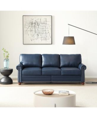 Living Room Round Arm with Silver Nails Sofa Navy Blue Faux Leather