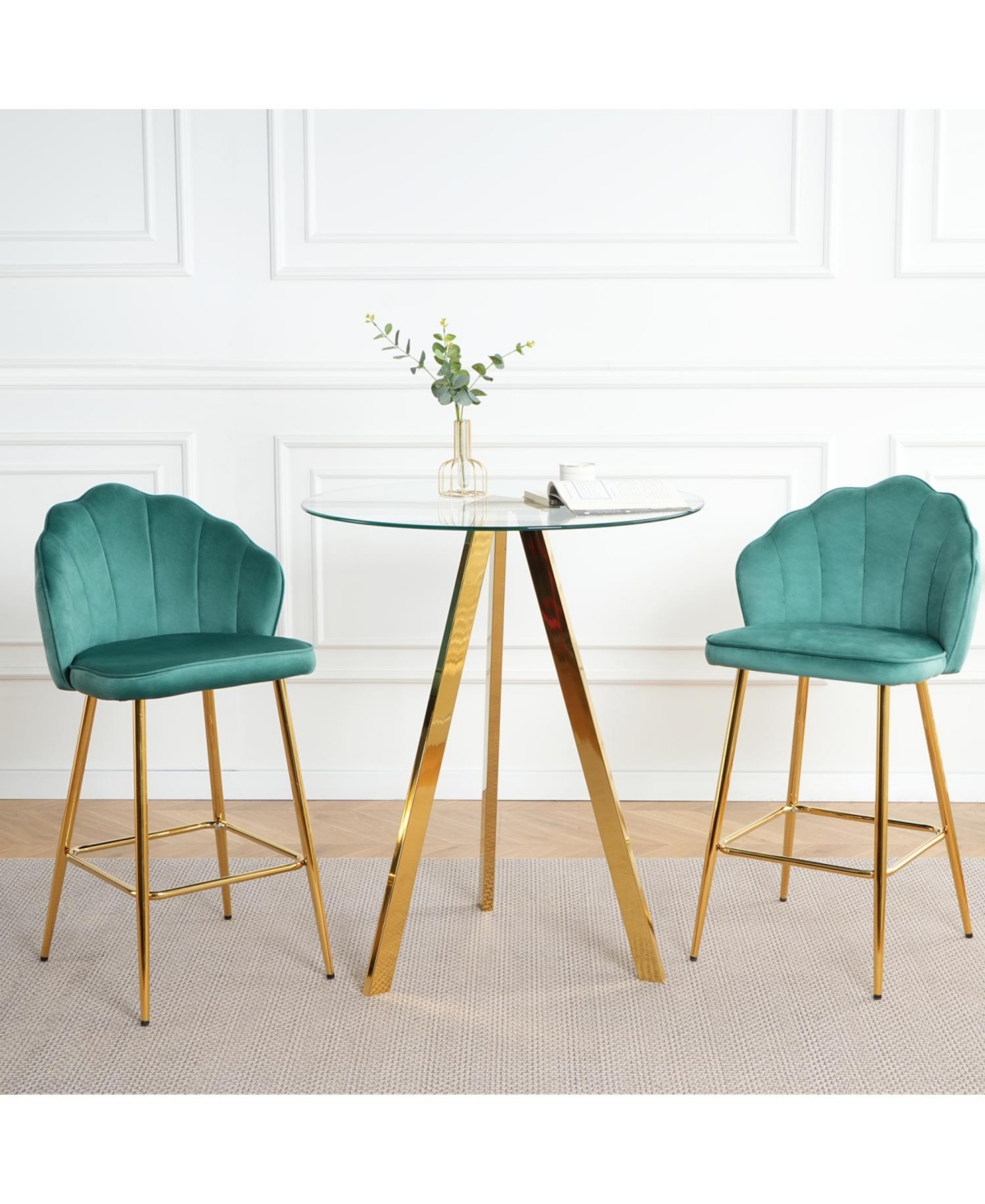 Green Velvet Bar Chairs with Glass Top and Gold Legs (Set of 3) - Green