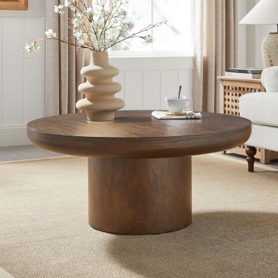 36" Round Wood Coffee Table with Cylindrical Leg (Brown)