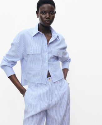 MANGO - Women's Pockets Striped Cropped Shirt
