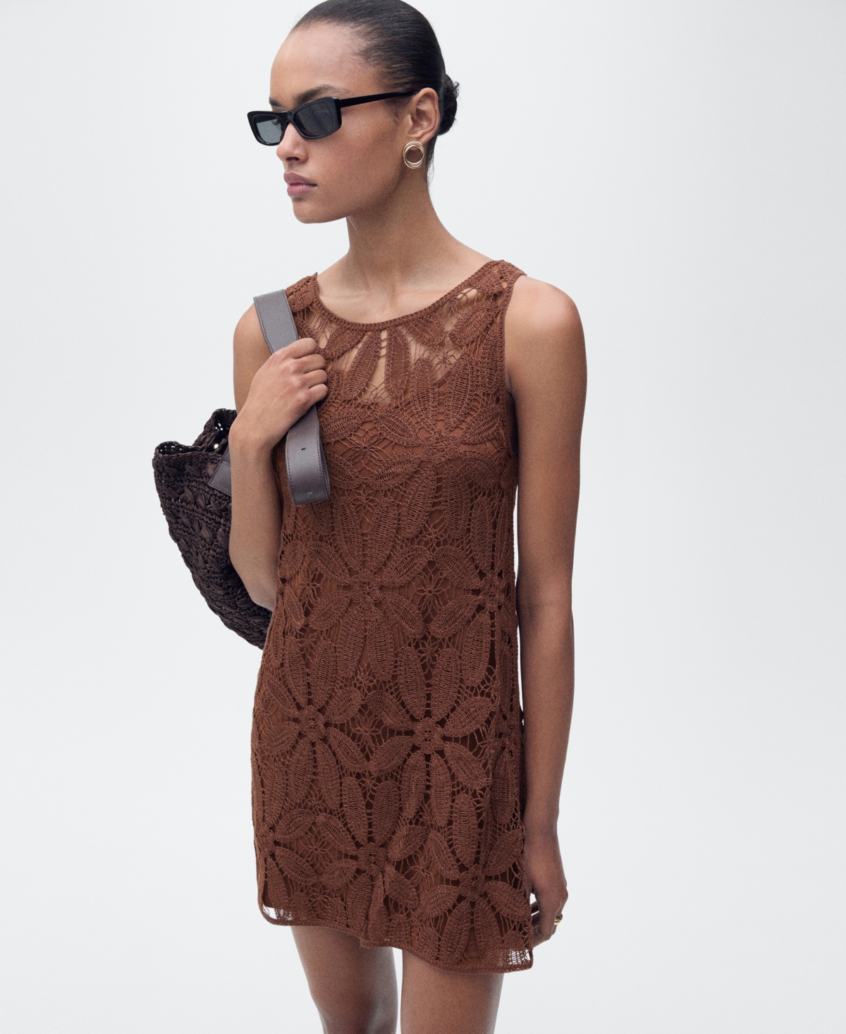 Mango Open Back Crochet Dress Chocolate