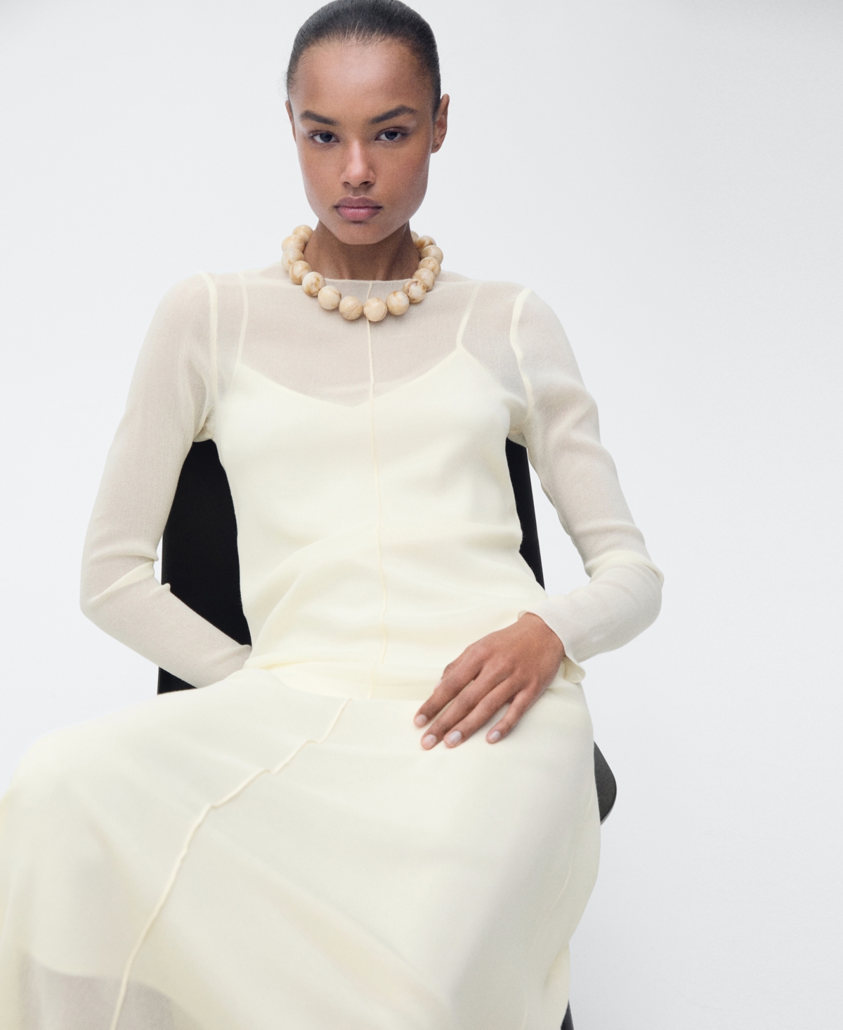 Mango Mesh Overlay Long Sleeve Maxi Dress In White