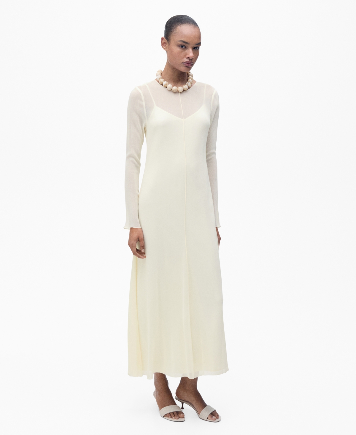 Mango Mesh Overlay Long Sleeve Maxi Dress In White