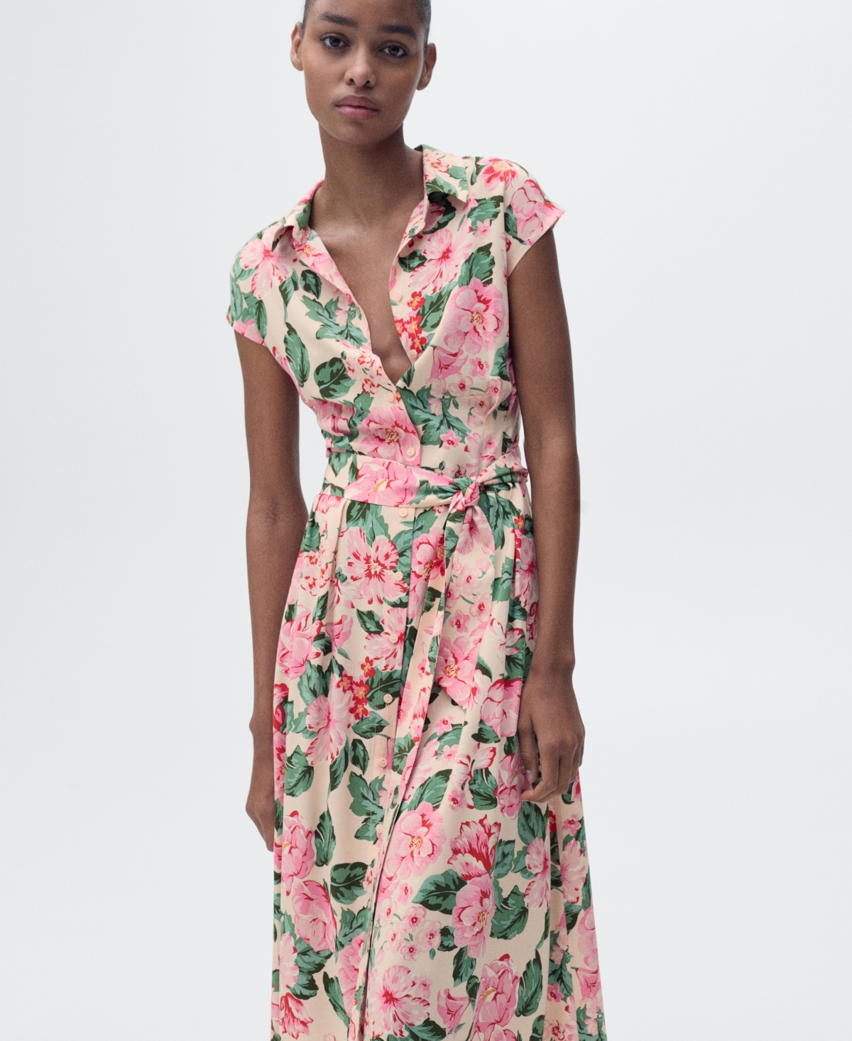Mango Printed Shirt Dress With Belt Ecru