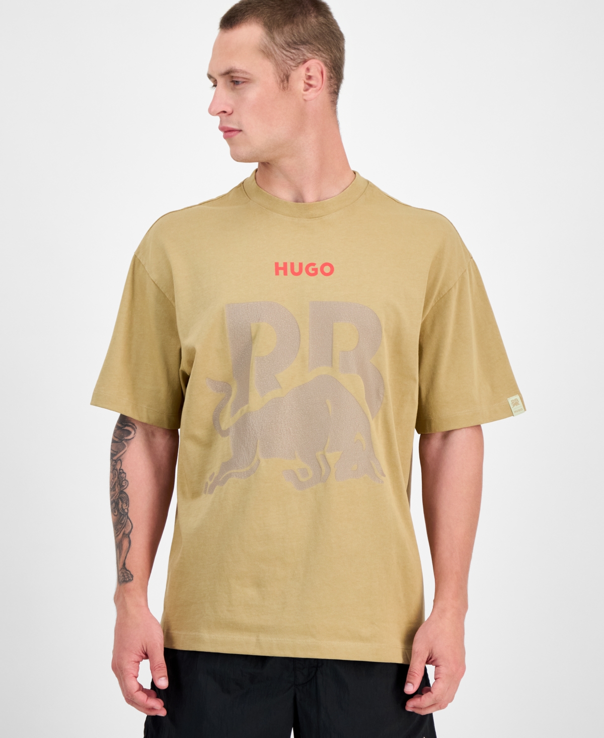 Hugo by Hugo Boss Men's Washed Fanwear Oversized Short Sleeve Crewneck Bull Graphic T-Shirt - Med Beige
