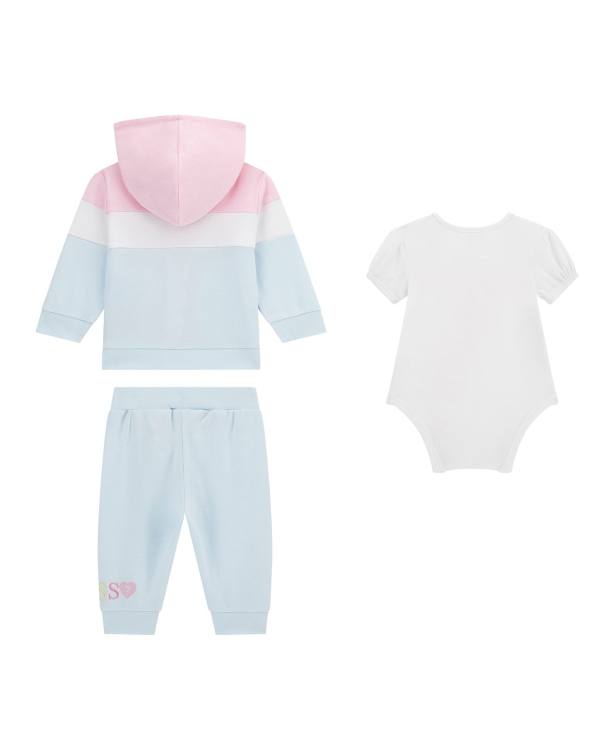 Macy's Guess Baby Girls 3-piece Long Sleeve Zip-up Colorblocked Sweatshirt, Short Sleeve Bodysuit, And Pant In Blue