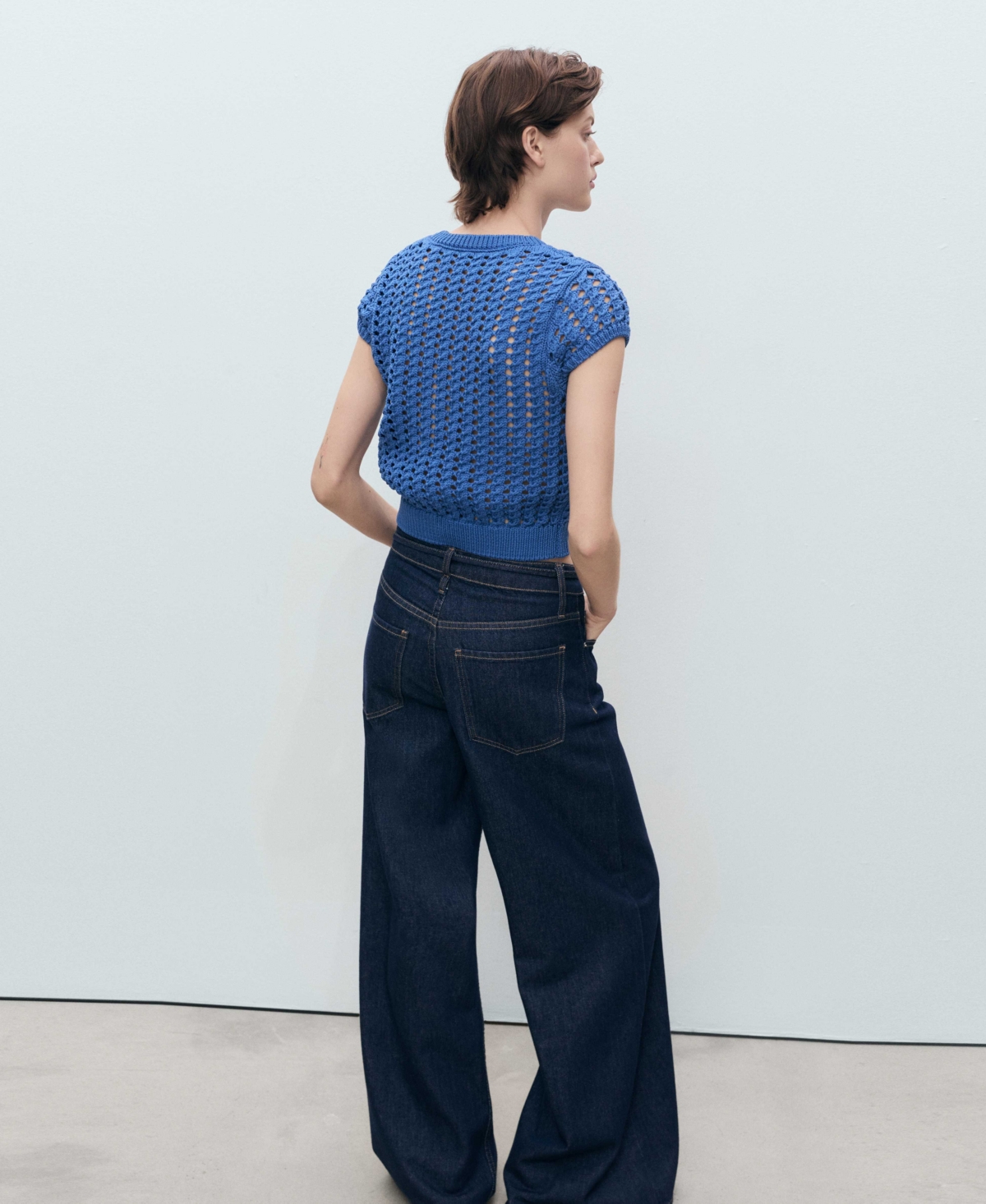Mango Short Sleeve Open Knit Sweater In Blue