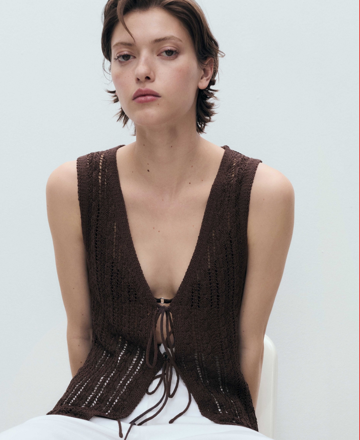 Shop Mango Women's Openwork Bow Closure Knit Vest