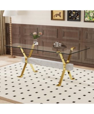 Streamdale 1-Piece Glass & Metal Dining Table – Tempered Glass Top, Gold-Plated Legs, MDF Crossbar, Modern Home/Office Table