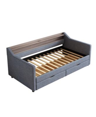 Twin Daybed with Storage, Shelves & USB Ports, Linen Upholstered Sofa with LED Light