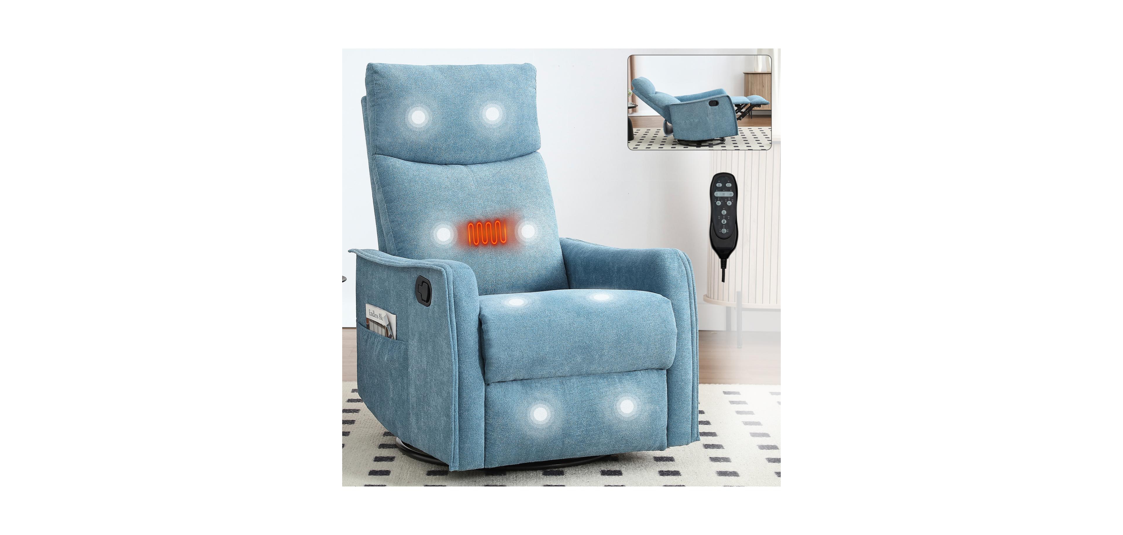 Streamdale Heat Massage Manual Recliner Chair with Rocker and Swivel in Fabric for Living Room, Blue