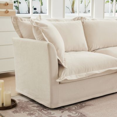 1 Count Cream Chenille Sectional Sofa with Ottoman and Pillows