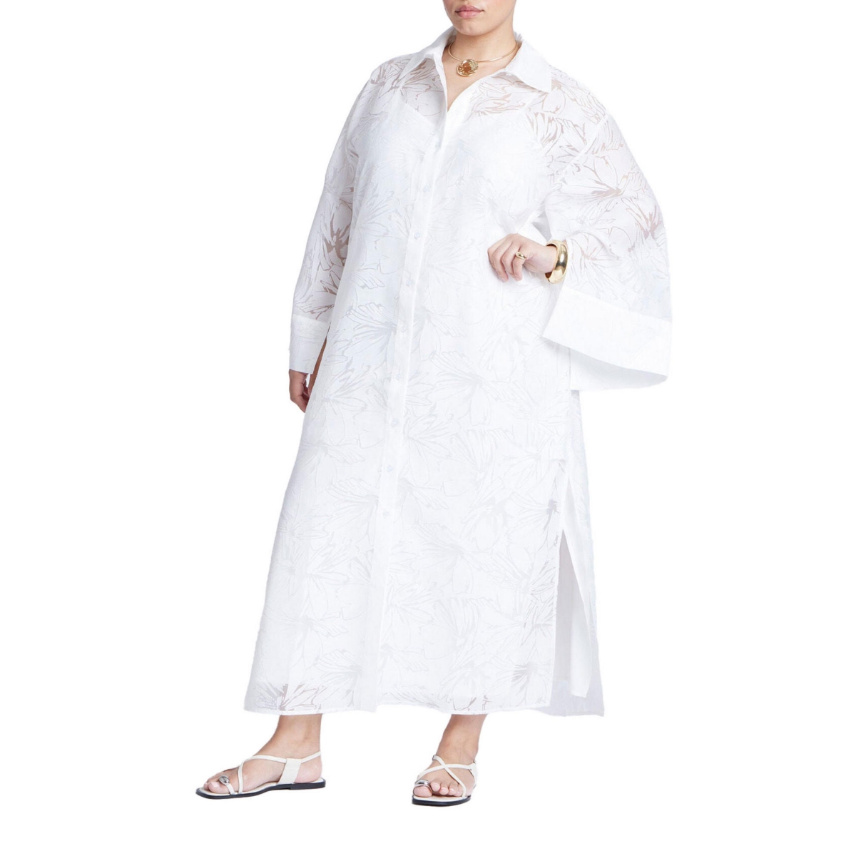 Plus Size Floral Oversize Shirt Dress - White