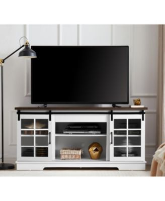 Sliding Door TV Cabinet with Glass Doors and Adjustable Shelves, 59"W x 15.9"D x 27.8"H