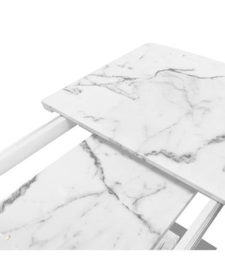 Modern Square Dining Table, Stretchable, with Printed White Marble Table Top+MDF X-Shape Table Leg with Metal Base