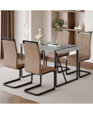 Streamdale Modern Grey Marble Table with Metal Frame and 4 Arched Brown Fabric Chairs