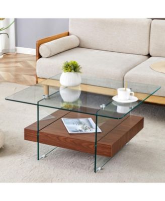 31.4" Tempered Glass & MDF 2-Tier Modern Square Coffee Table