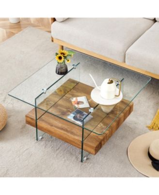 Set of 1 Modern Square Coffee Table Glass and Wood Combo