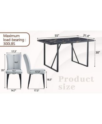 Modern Marble Dining Set Black Table & Light Gray Striped Chairs