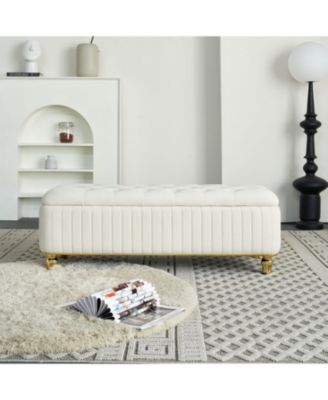  Beige Velvet Storage Ottoman with Gold Decor