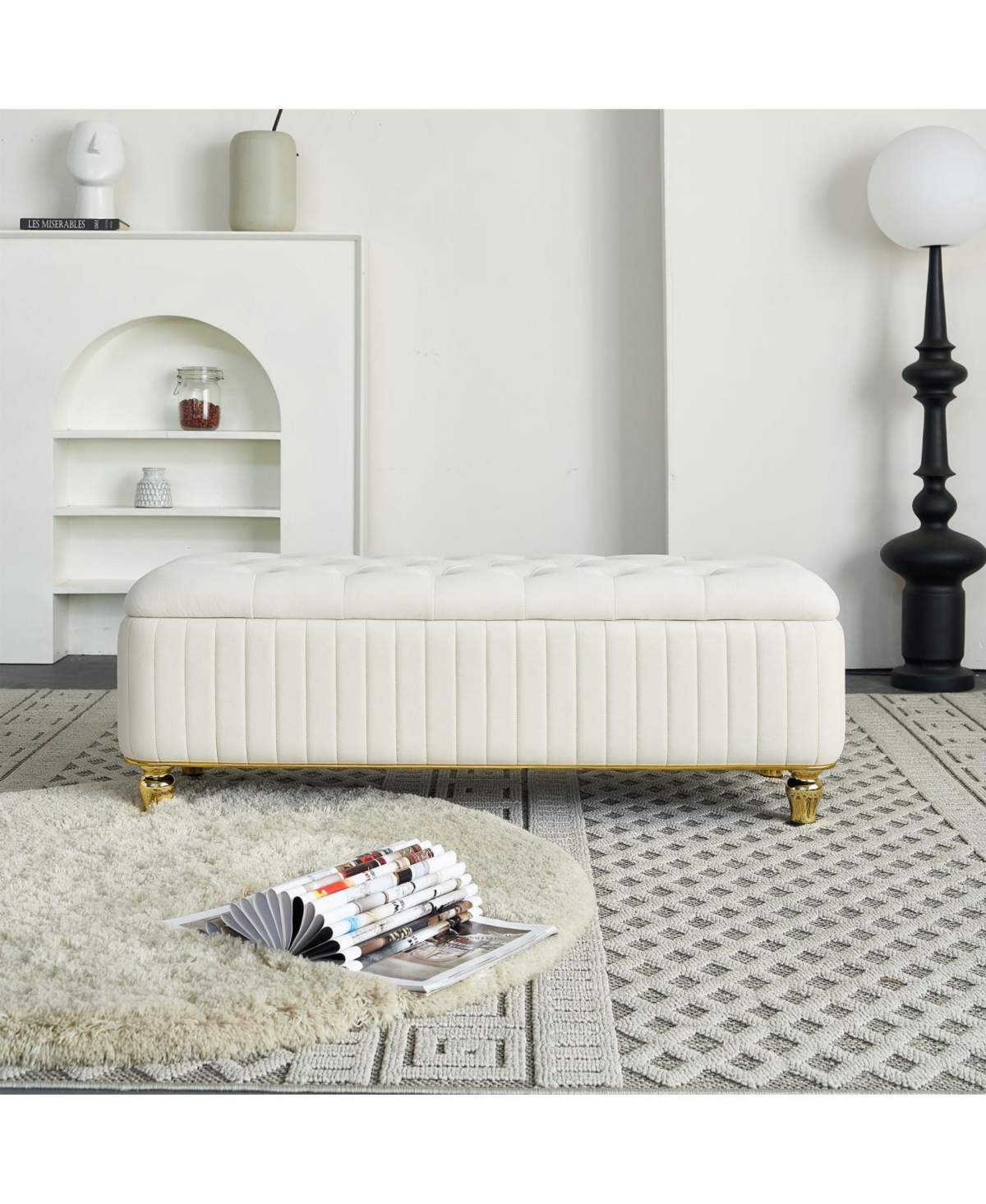 Streamdale Beige Velvet Storage Ottoman with Gold Decor