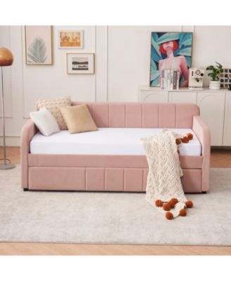 Twin Daybed Frame with Trundle, Sofa Bed, Wood Slat Support, Pink
