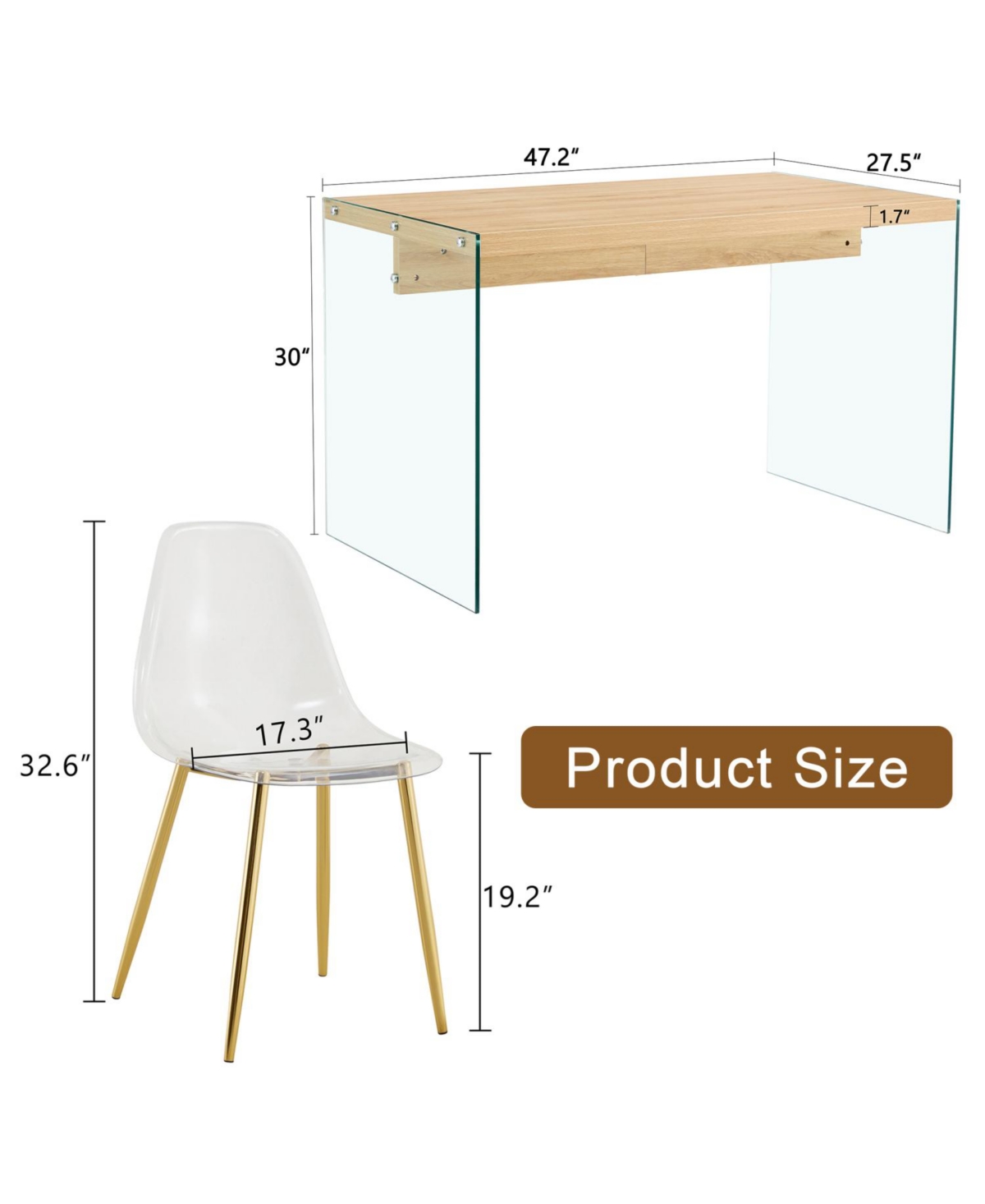 Streamdale Contemporary Wood Table and Chair Set Textured Mdf Table with Tempered Glass Legs and 4 Acrylic Chairs on Gold Bases
