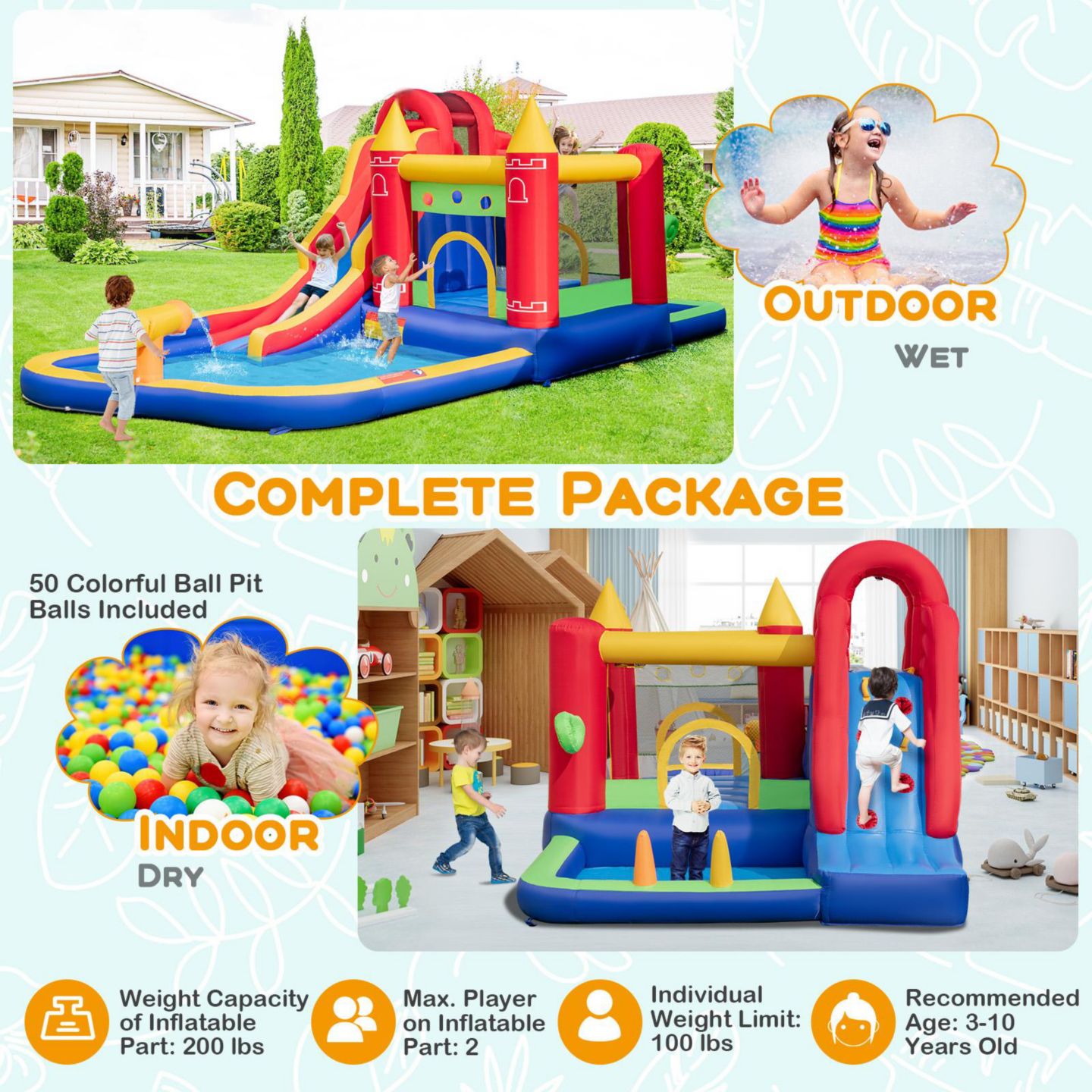 Детская игрушка GOUUN 9-in-1 Inflatable Bounce Castle with Water Slide and Splash Pool, Ages 3+, цвет: Синий — фото 6