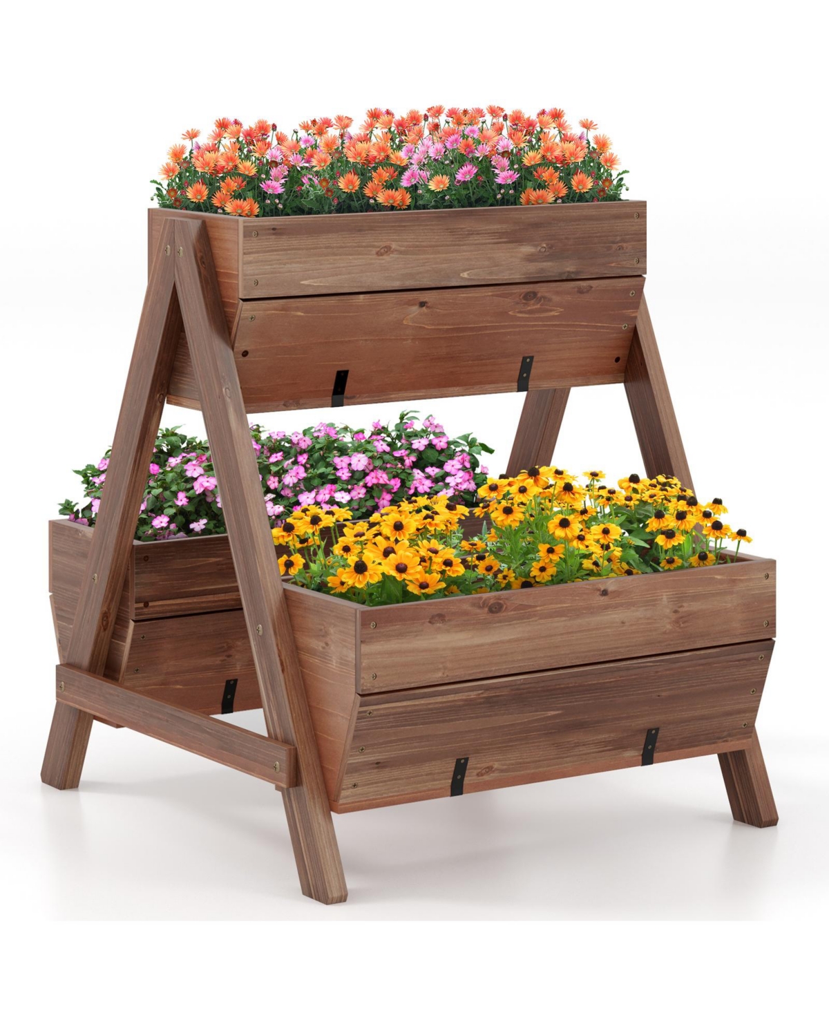 Freestanding Vertical Raised Garden bed with 3 Wooden Planter Boxes - Brown