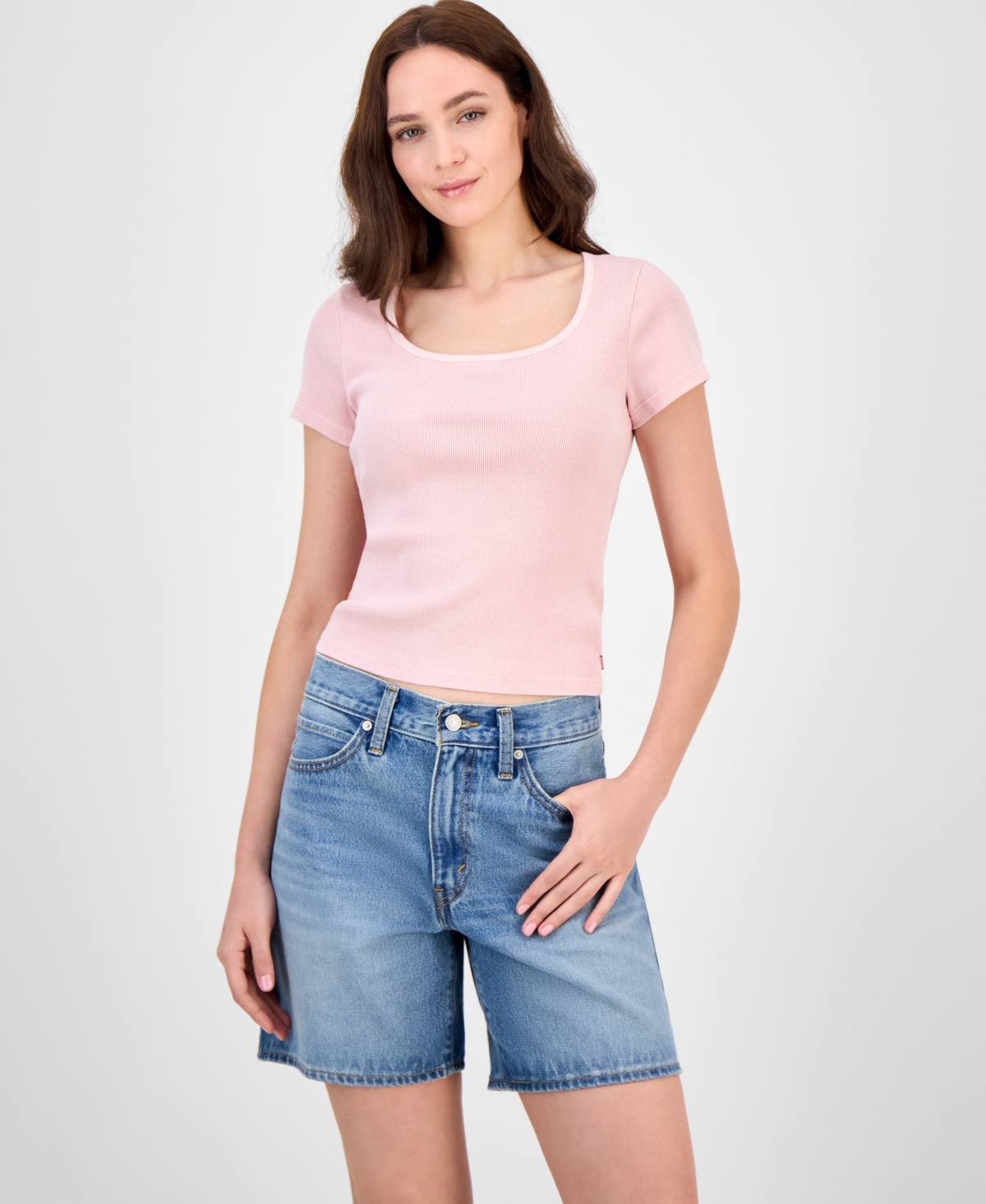 Women's Cotton Rib-Knit Square-Neck Tee - Peachskin
