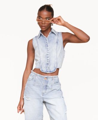 Women's Sleeveless Tuxedo Cotton Denim Shirt