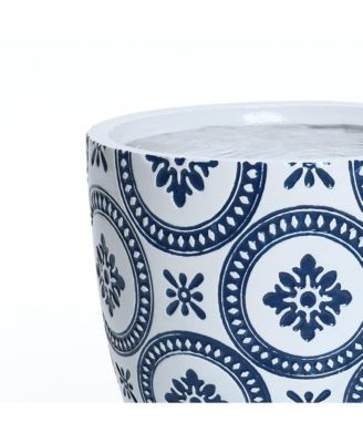 Blue and White Flower Pattern Round Tapered 11.8-Inch Tall Mgo Planter, Indoor and Outdoor