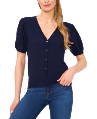 Women's Pointelle-Stitch Short-Sleeve V-Neck Cardigan