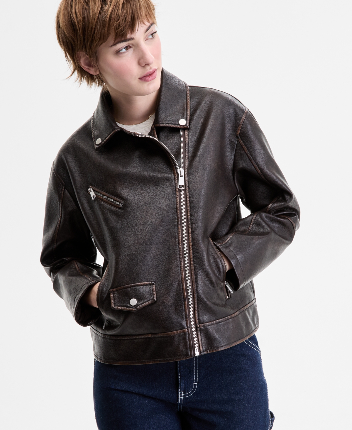 Women's Faux-Leather Moto Jacket - Brown