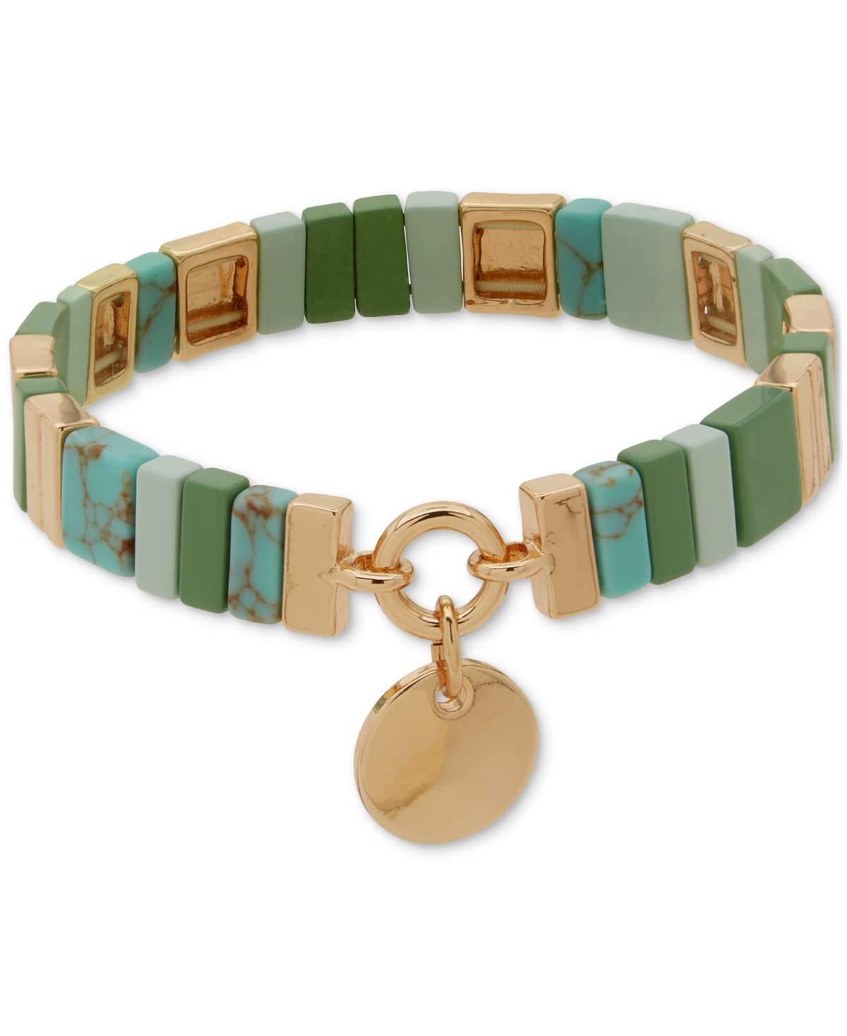 Gold-Tone Disc Charm Stone Beaded Stretch Bracelet - Multi