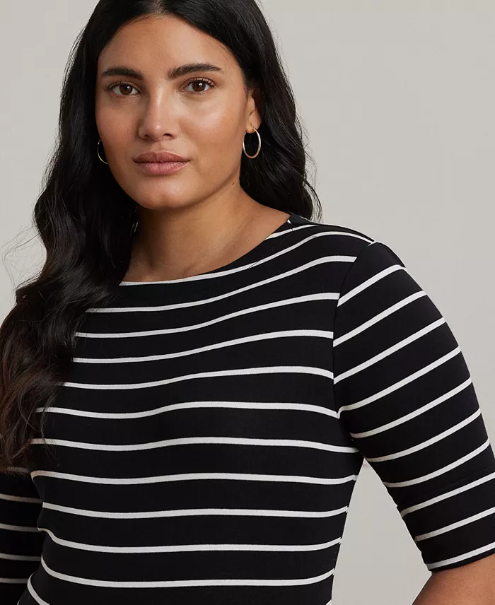 Plus Size Striped Cotton Boatneck T-Shirt - thumbnail 8