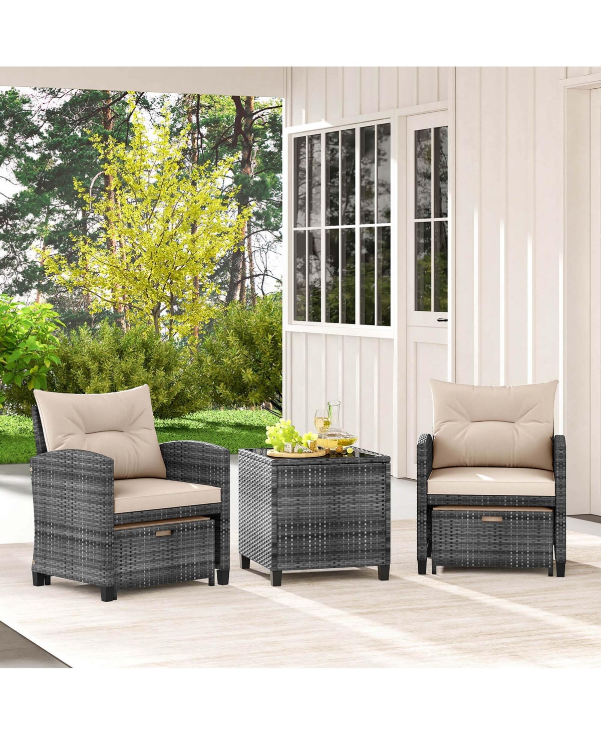 5 Piece Patio Rattan Furniture with 2 Ottomans & Tempered Glass Coffee Table