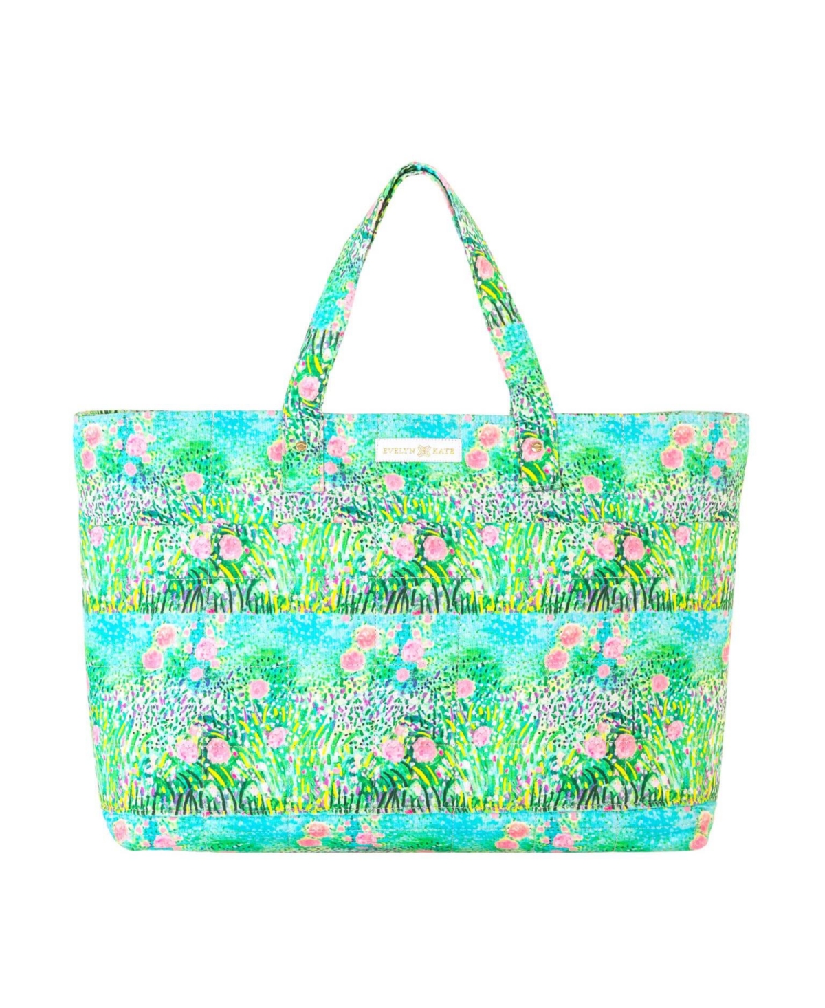 Floral Quilted Tote - Pink roses on green