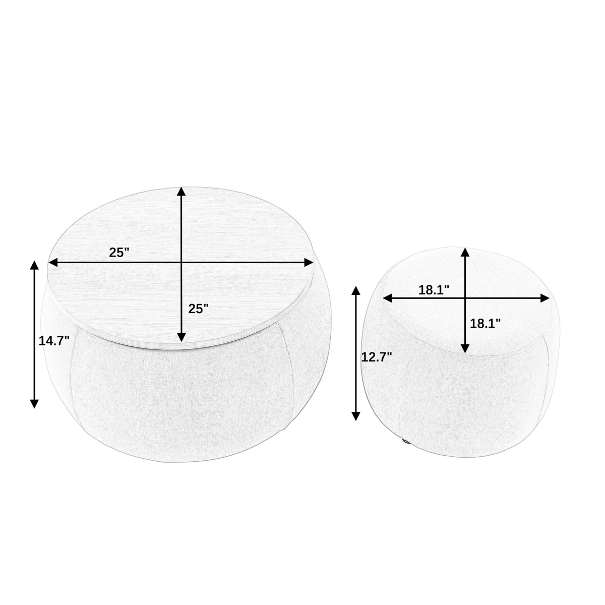 Streamdale Furniture Round Storage Ottoman, 2 in 1 Function, Work as End table and Ottoman,with small seat,Light grey(25"x25"x14.7")