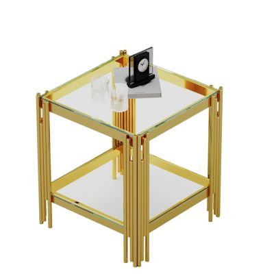 Top and Bottom Double Layer Tempered Glass End Table and Mirror Finished Stainless Steel Frame