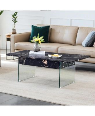 Multifunctional Lift Top Coffee Table with Tempered Glass Legs in Black Marble Pattern