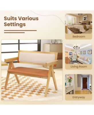 Rubber Wood Dining Bench with Armrest Sherpa Upholstered Backrest and Soft-padded Seat-Natural