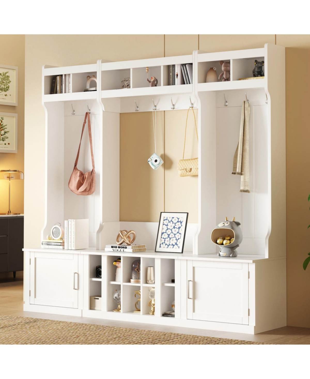 On-Trend Hall Tree with Bench, Coat Rack & Shoe Storage - White
