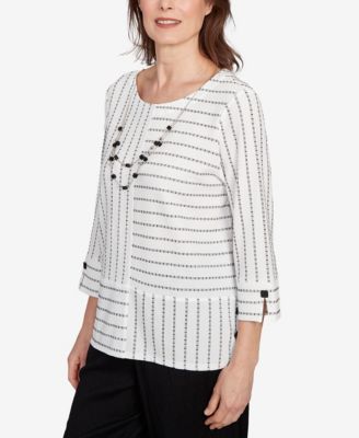 Petite Santa Barbara Splice Textured Stripe Crew Neck Top with Necklace