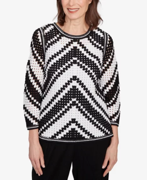 Petite Santa Barbara Chevron Crochet Bell Sleeve Crew Neck Top - Black
