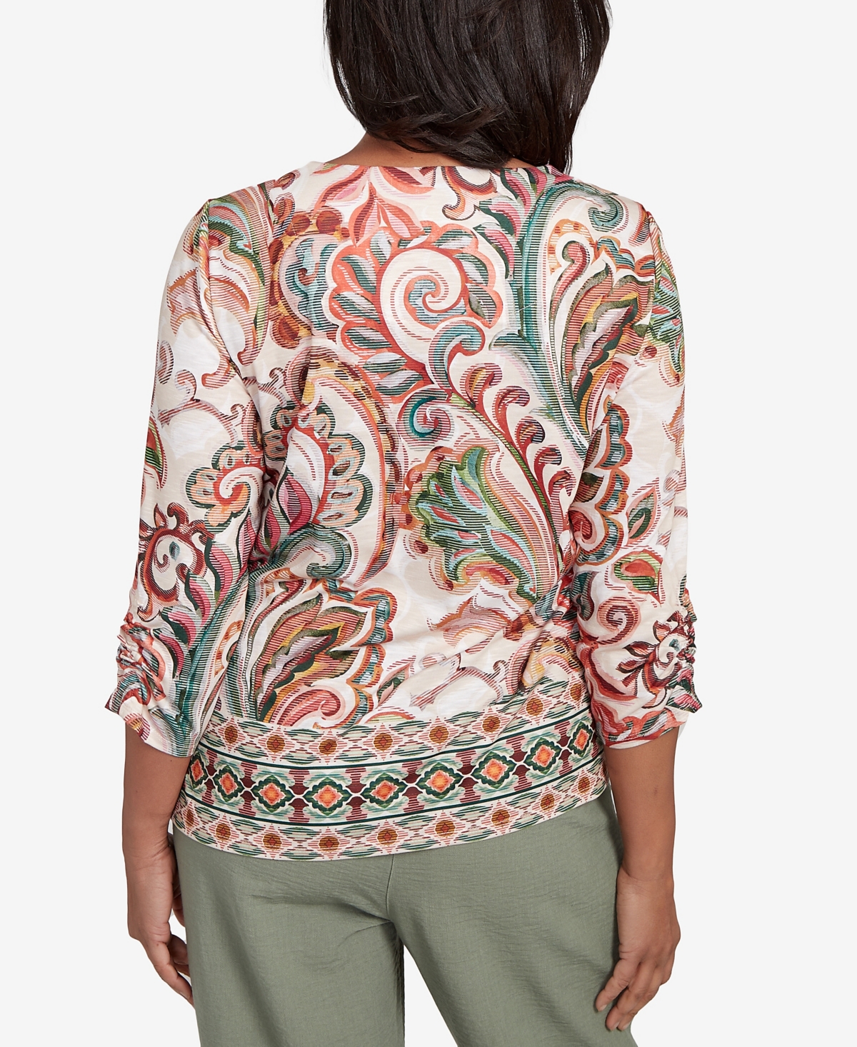 Alfred Dunner Petite Copper Canyon Textured Scroll Border Ruched Sleeves Crew Neck Top In Multi