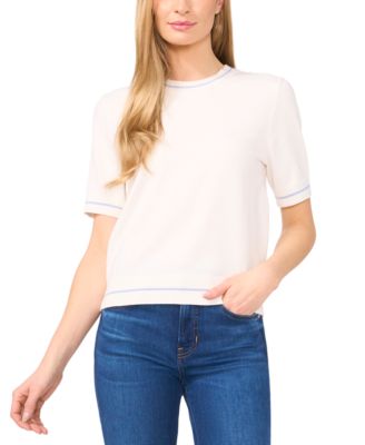 CeCe - Women's Cotton Contrast-Stripe Short-Sleeve Sweater