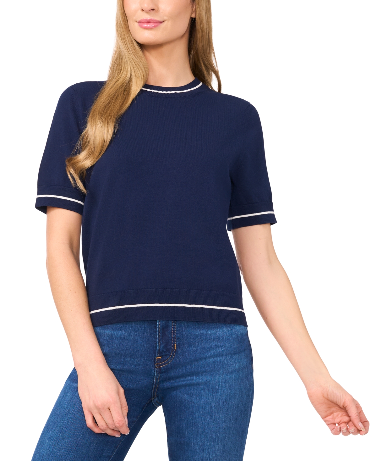 Women's Cotton Contrast-Stripe Short-Sleeve Sweater - Classic Navy