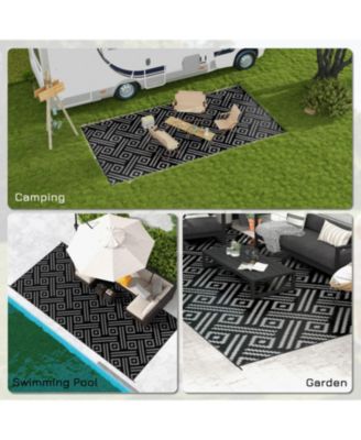 Reversible Outdoor Rug, 9' x 18' Waterproof Plastic Straw Floor Mat, Portable RV Camping Carpet with Carry Bag, Large Floor Mat for Backyard, Deck, Picnic, Beach, Black & Gray Geometric